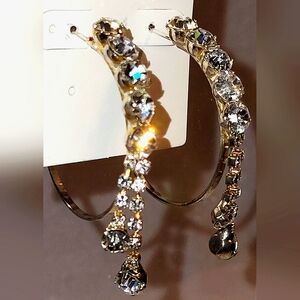 Elegant Clear Rhinestone Silvertone Hoop Earrings